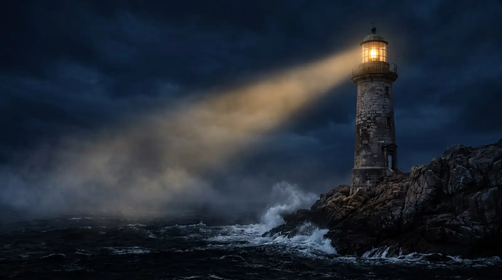 A lighthouse at night, its beam raking through sea mist over dark water