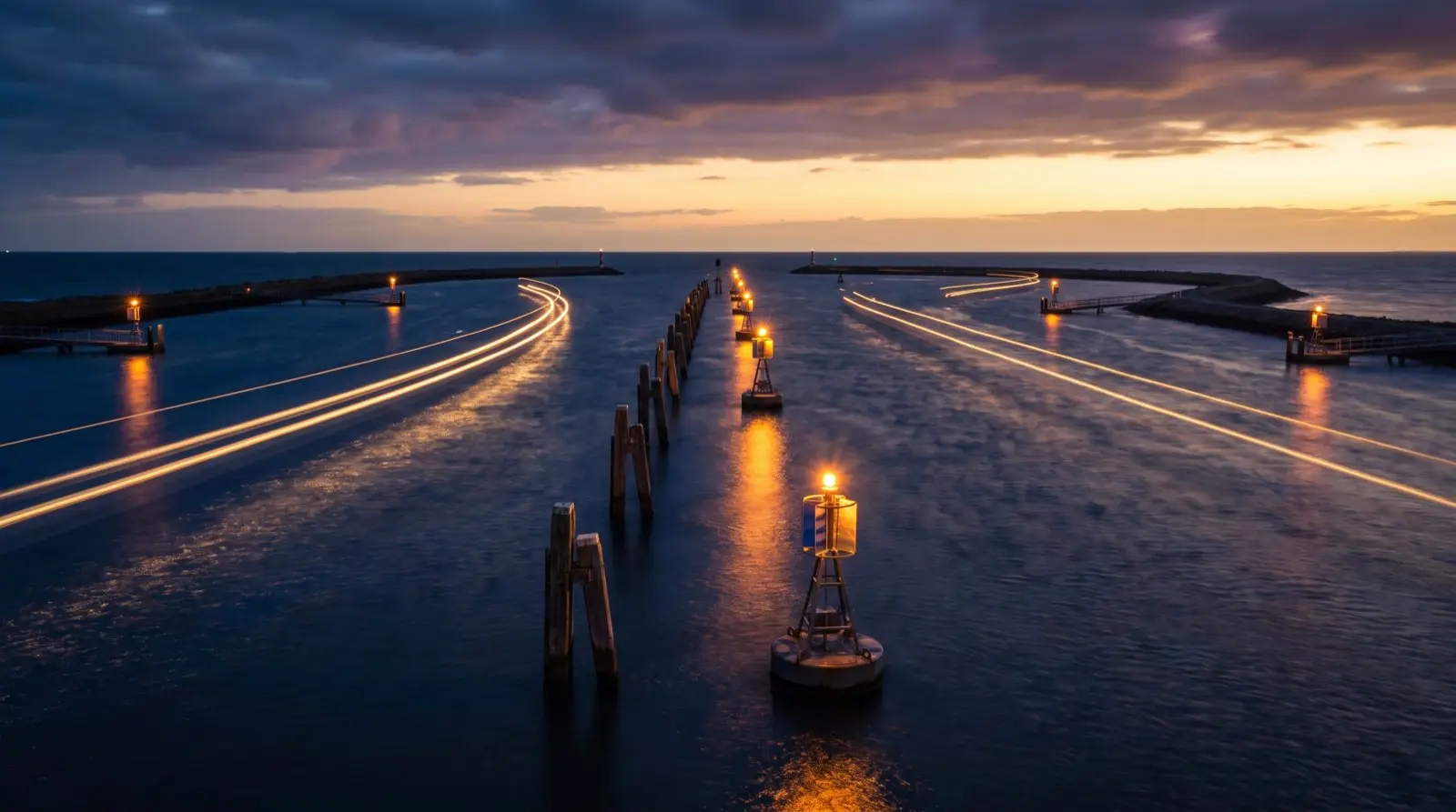 Lit navigation channel markers leading out of a harbor to open sea at dusk